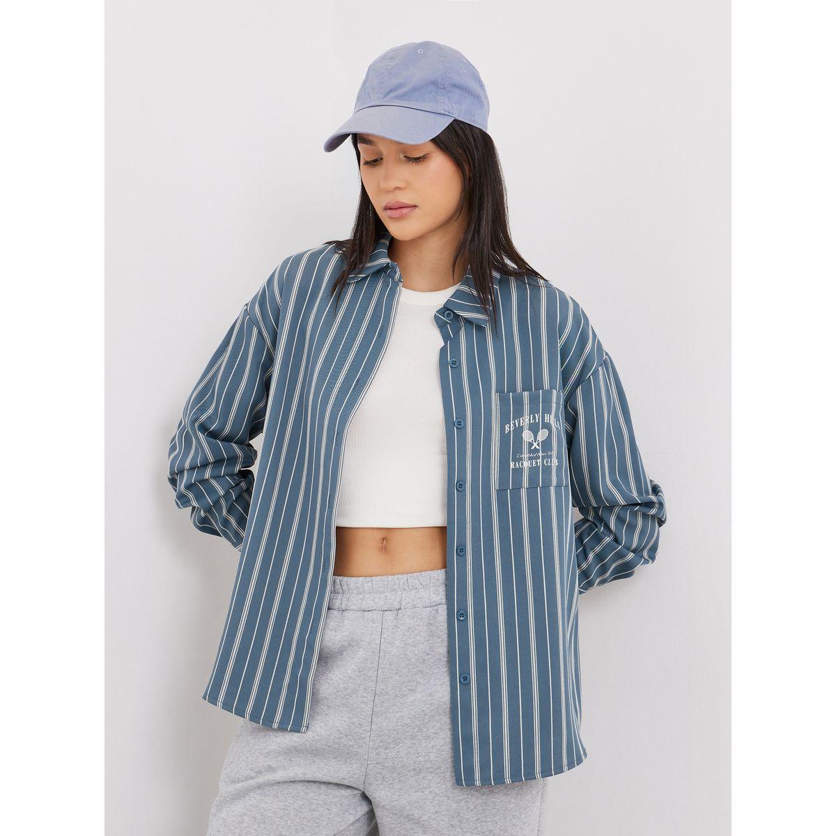 Styli Blue Printed Chest Pocket Striped Oversized Shirt-women-clothing-shirtsandblouses-shirts-image-1