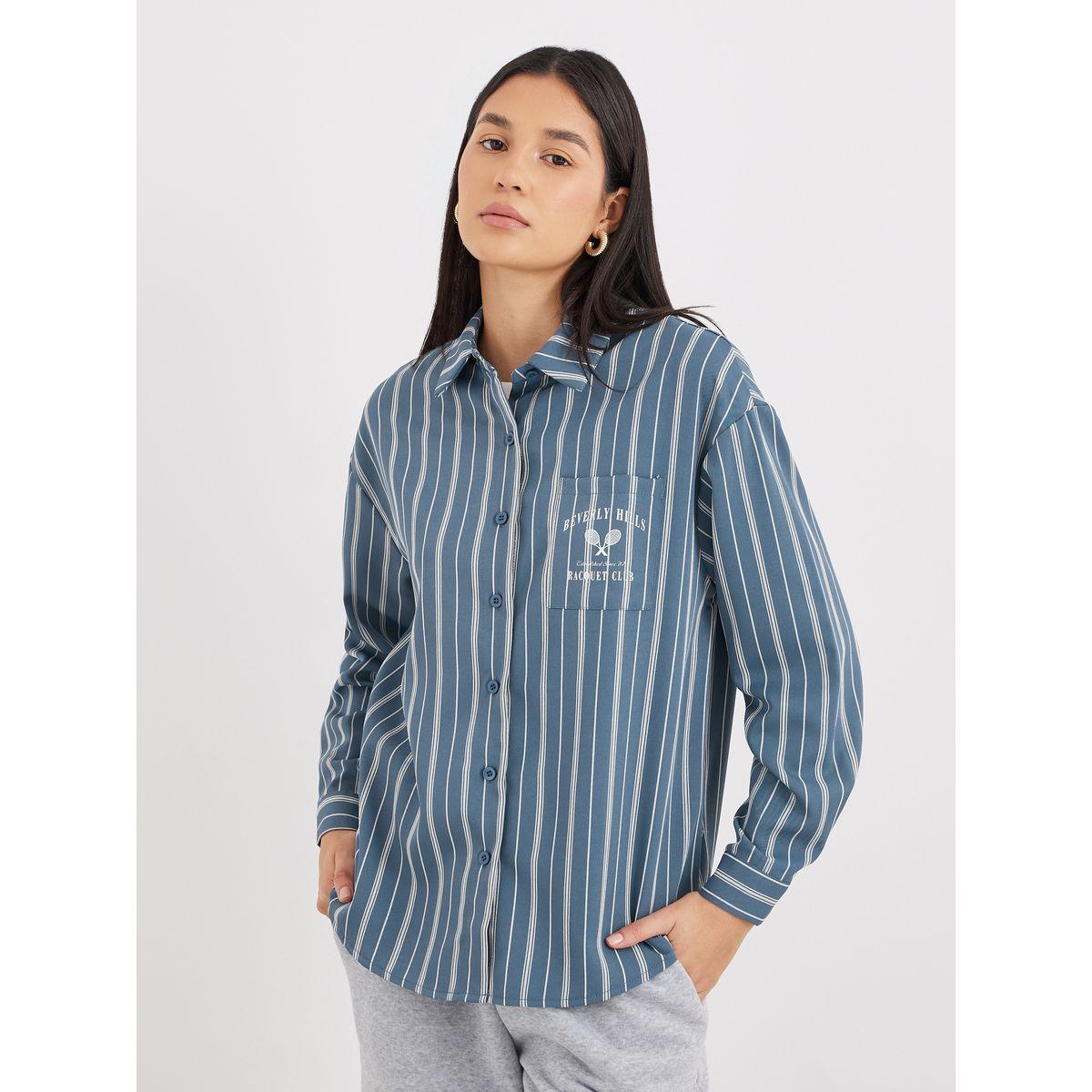 Styli Blue Printed Chest Pocket Striped Oversized Shirt-women-clothing-shirtsandblouses-shirts-image-2