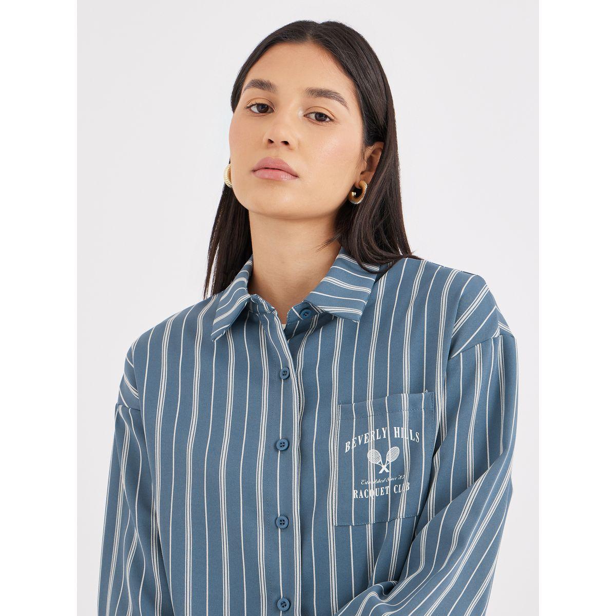 Styli Blue Printed Chest Pocket Striped Oversized Shirt-women-clothing-shirtsandblouses-shirts-image-4
