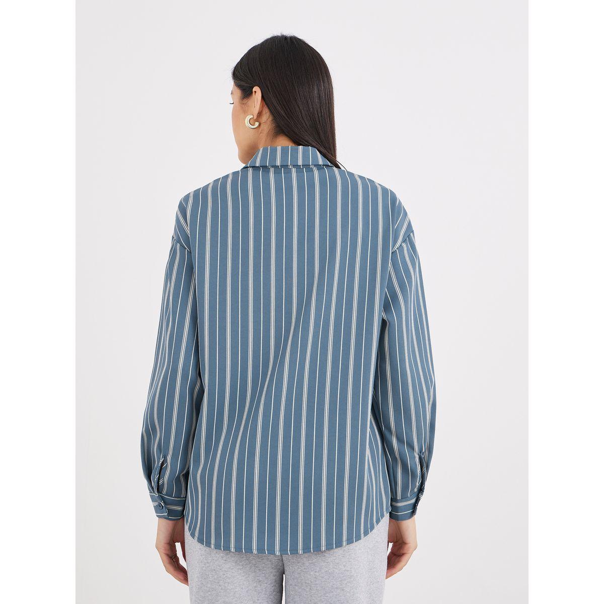 Styli Blue Printed Chest Pocket Striped Oversized Shirt-women-clothing-shirtsandblouses-shirts-image-5