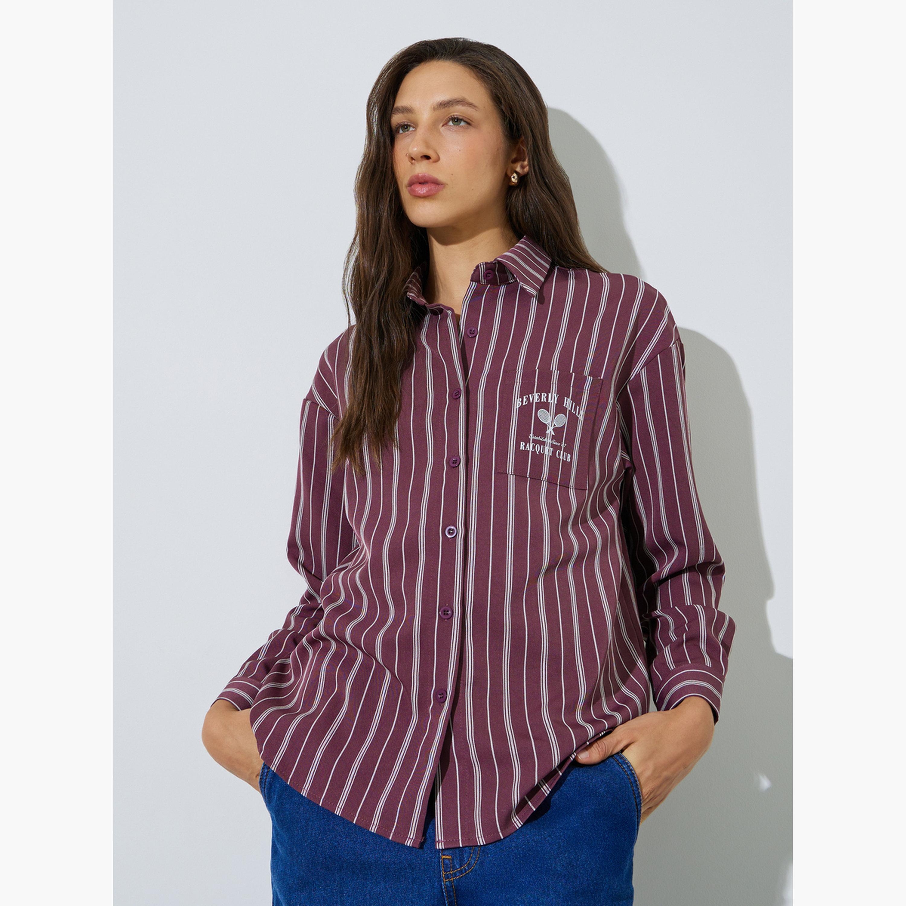 ستايلي - قميص واسع مخطط بجيب صدر مطبوع عليه اللون البرغندي-women-clothing-shirtsandblouses-shirts-image-1