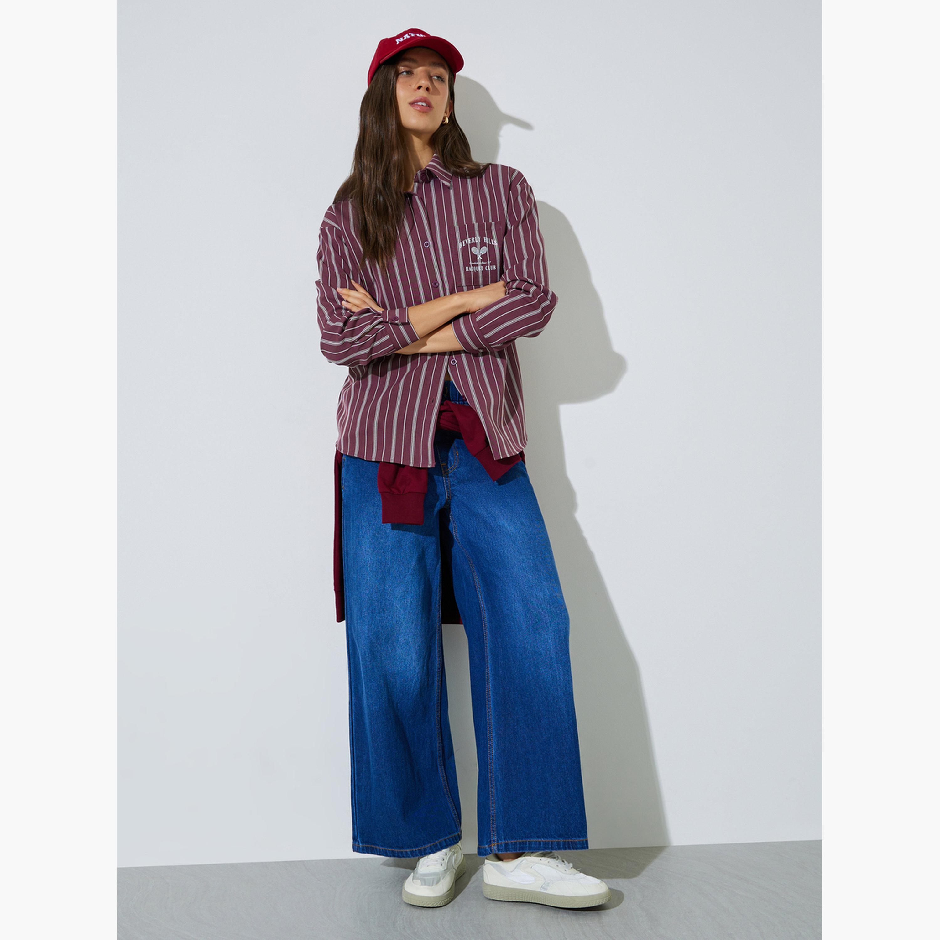 ستايلي - قميص واسع مخطط بجيب صدر مطبوع عليه اللون البرغندي-women-clothing-shirtsandblouses-shirts-image-2