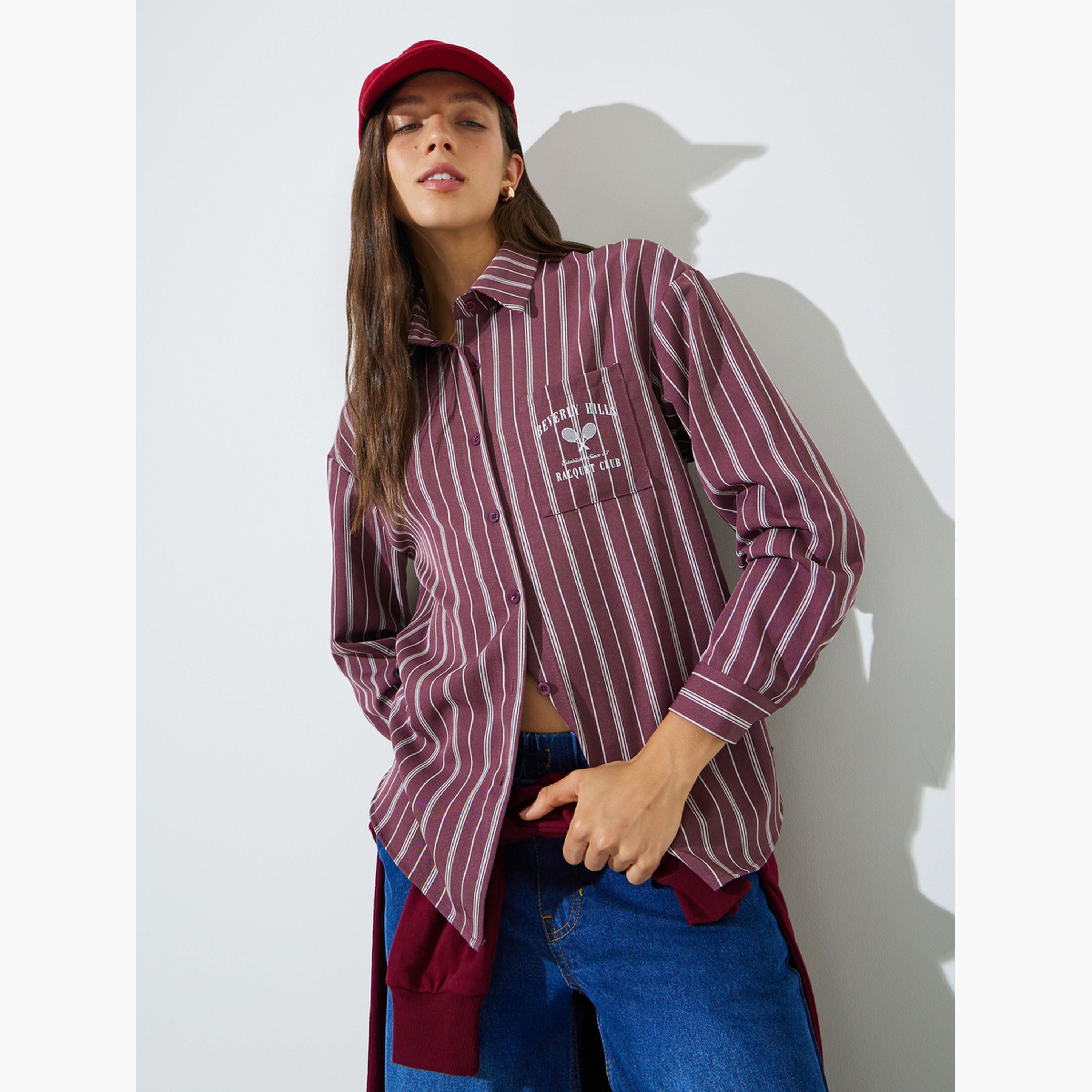 ستايلي - قميص واسع مخطط بجيب صدر مطبوع عليه اللون البرغندي-women-clothing-shirtsandblouses-shirts-image-3