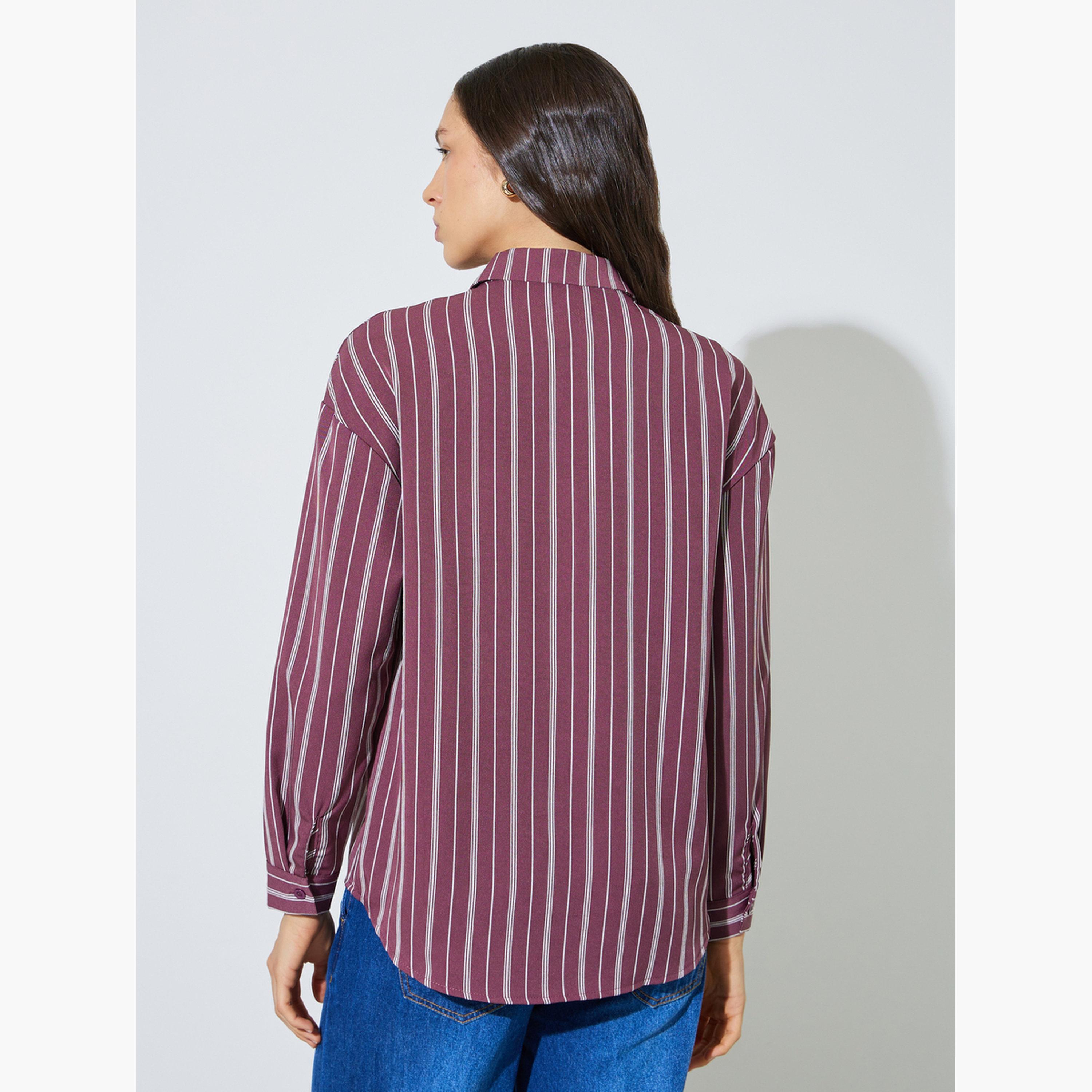 ستايلي - قميص واسع مخطط بجيب صدر مطبوع عليه اللون البرغندي-women-clothing-shirtsandblouses-shirts-image-4