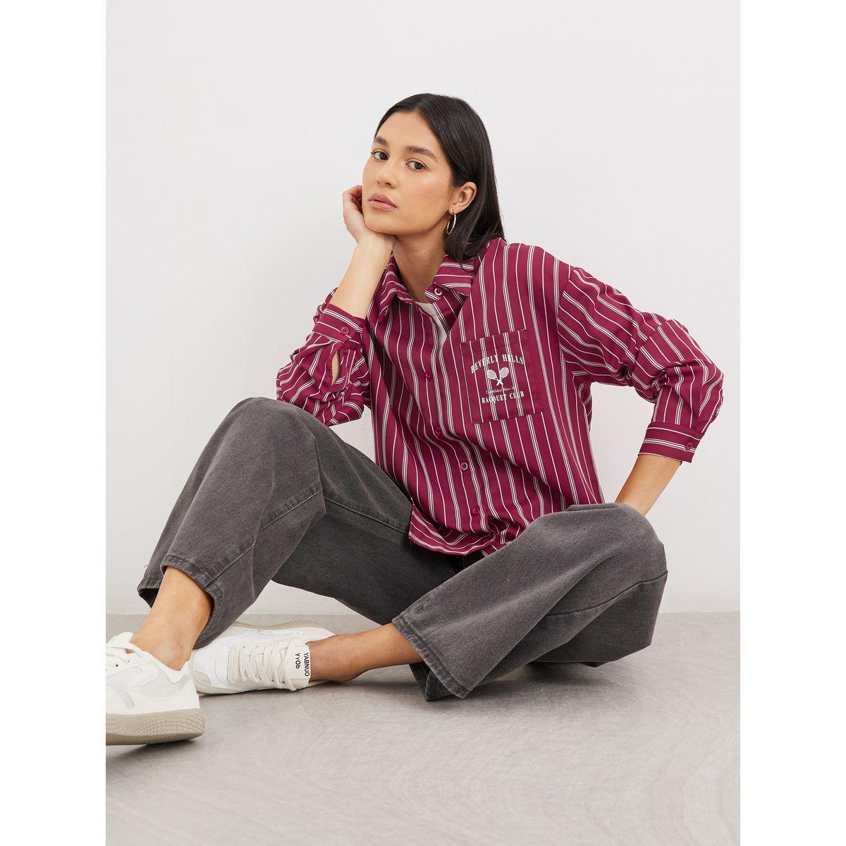 Styli Red Printed Chest Pocket Striped Oversized Shirt-women-clothing-shirtsandblouses-shirts-image-1