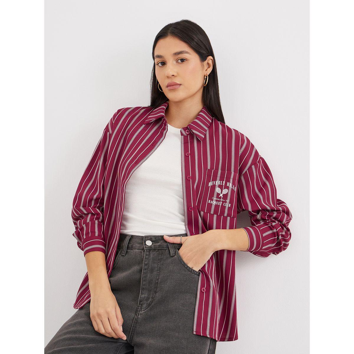 Styli Red Printed Chest Pocket Striped Oversized Shirt-women-clothing-shirtsandblouses-shirts-image-2