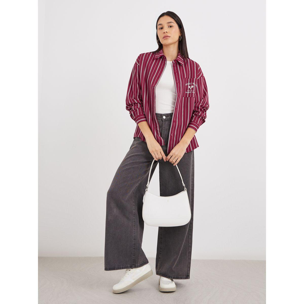 Styli Red Printed Chest Pocket Striped Oversized Shirt-women-clothing-shirtsandblouses-shirts-image-3
