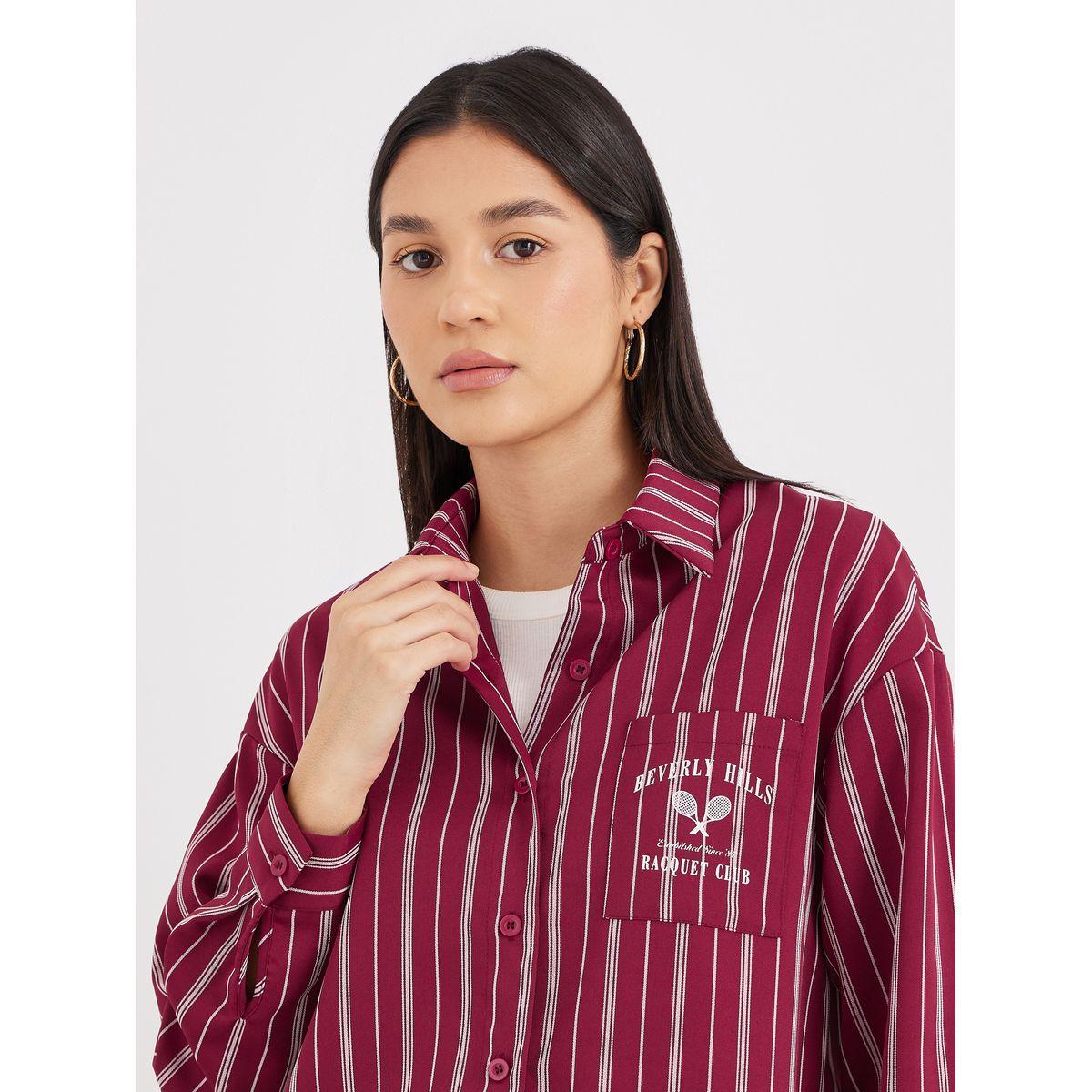 Styli Red Printed Chest Pocket Striped Oversized Shirt-women-clothing-shirtsandblouses-shirts-image-4