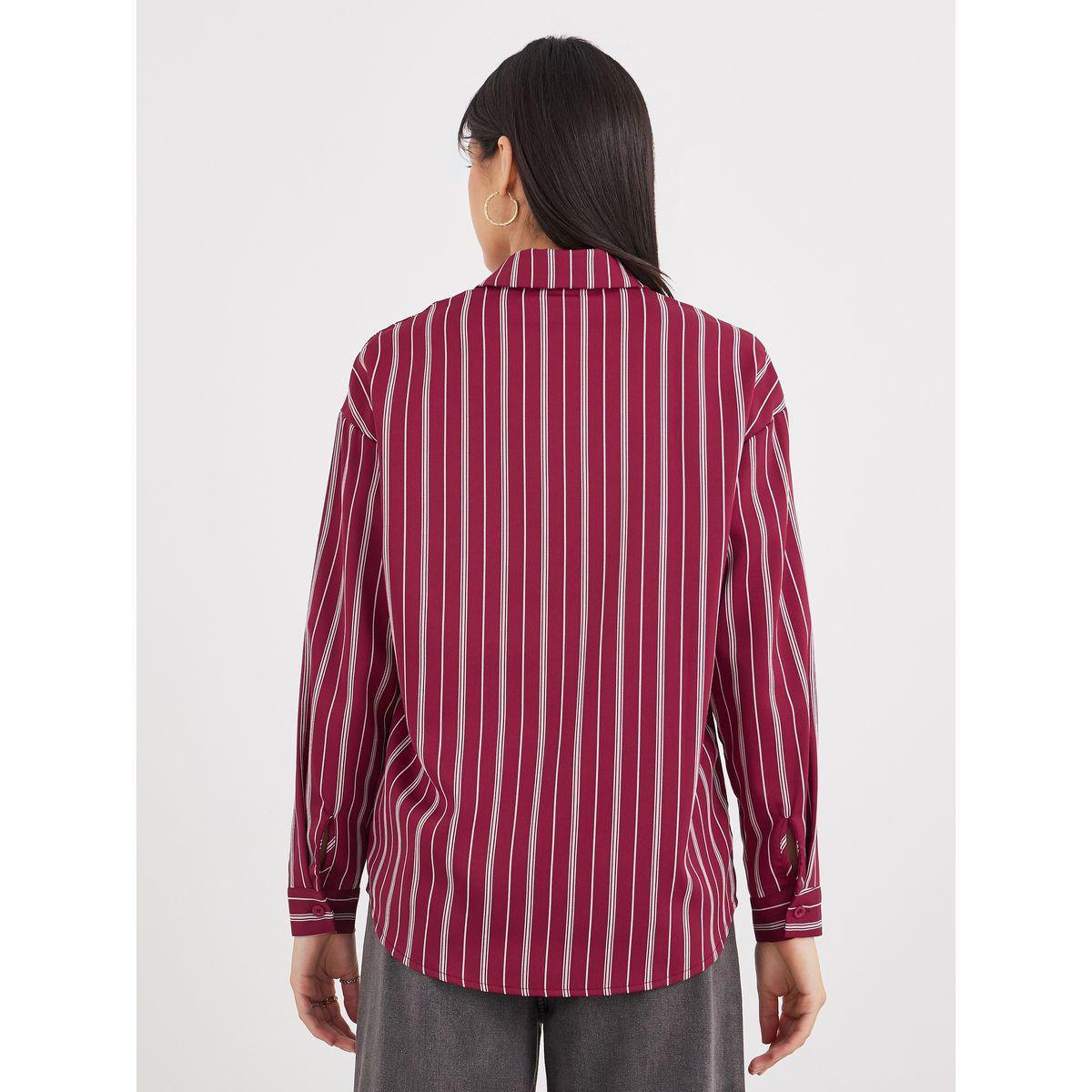 Styli Red Printed Chest Pocket Striped Oversized Shirt-women-clothing-shirtsandblouses-shirts-image-5