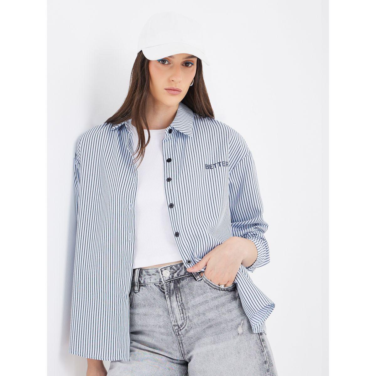 Styli Women Blue Contrast Button Striped Oversized Shirt-women-clothing-shirtsandblouses-shirts-image-1