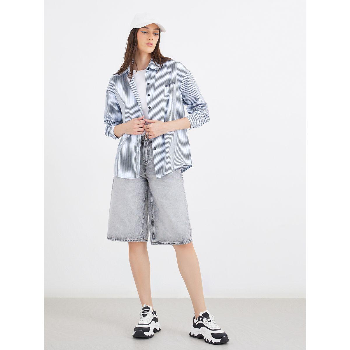 Styli Women Blue Contrast Button Striped Oversized Shirt-women-clothing-shirtsandblouses-shirts-image-2