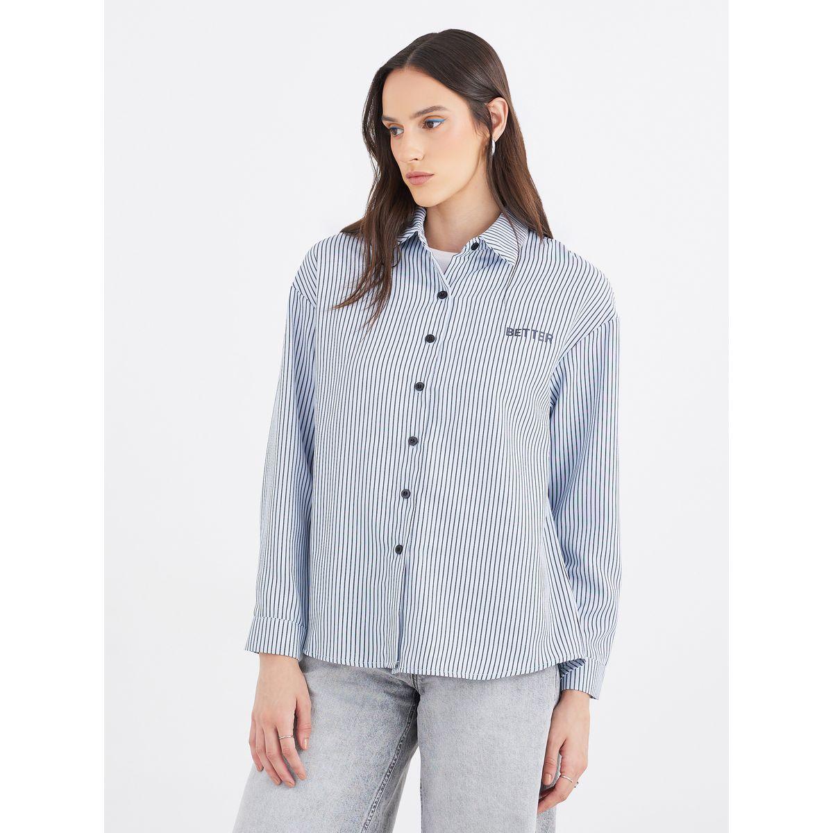 Styli Women Blue Contrast Button Striped Oversized Shirt-women-clothing-shirtsandblouses-shirts-image-3