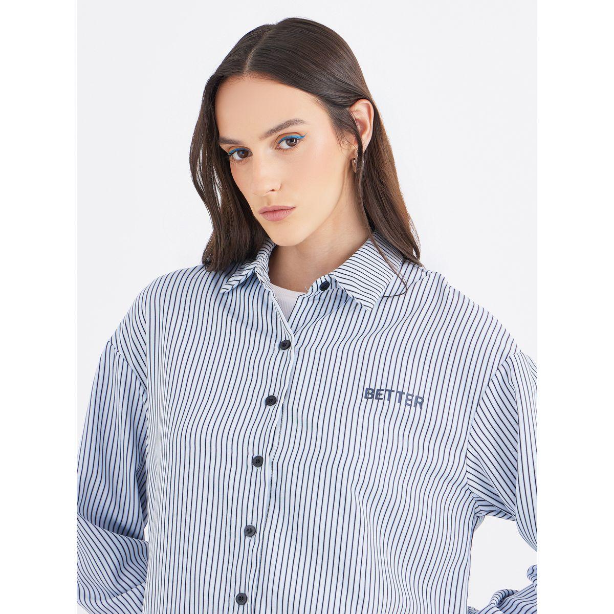 Styli Women Blue Contrast Button Striped Oversized Shirt-women-clothing-shirtsandblouses-shirts-image-4