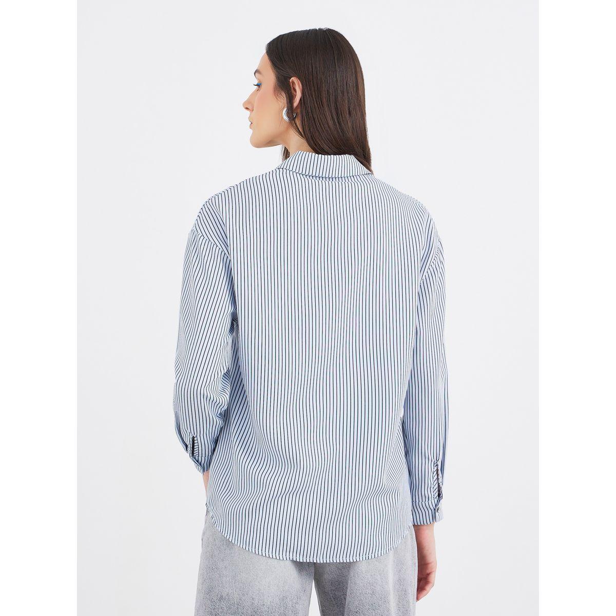 Styli Women Blue Contrast Button Striped Oversized Shirt-women-clothing-shirtsandblouses-shirts-image-5