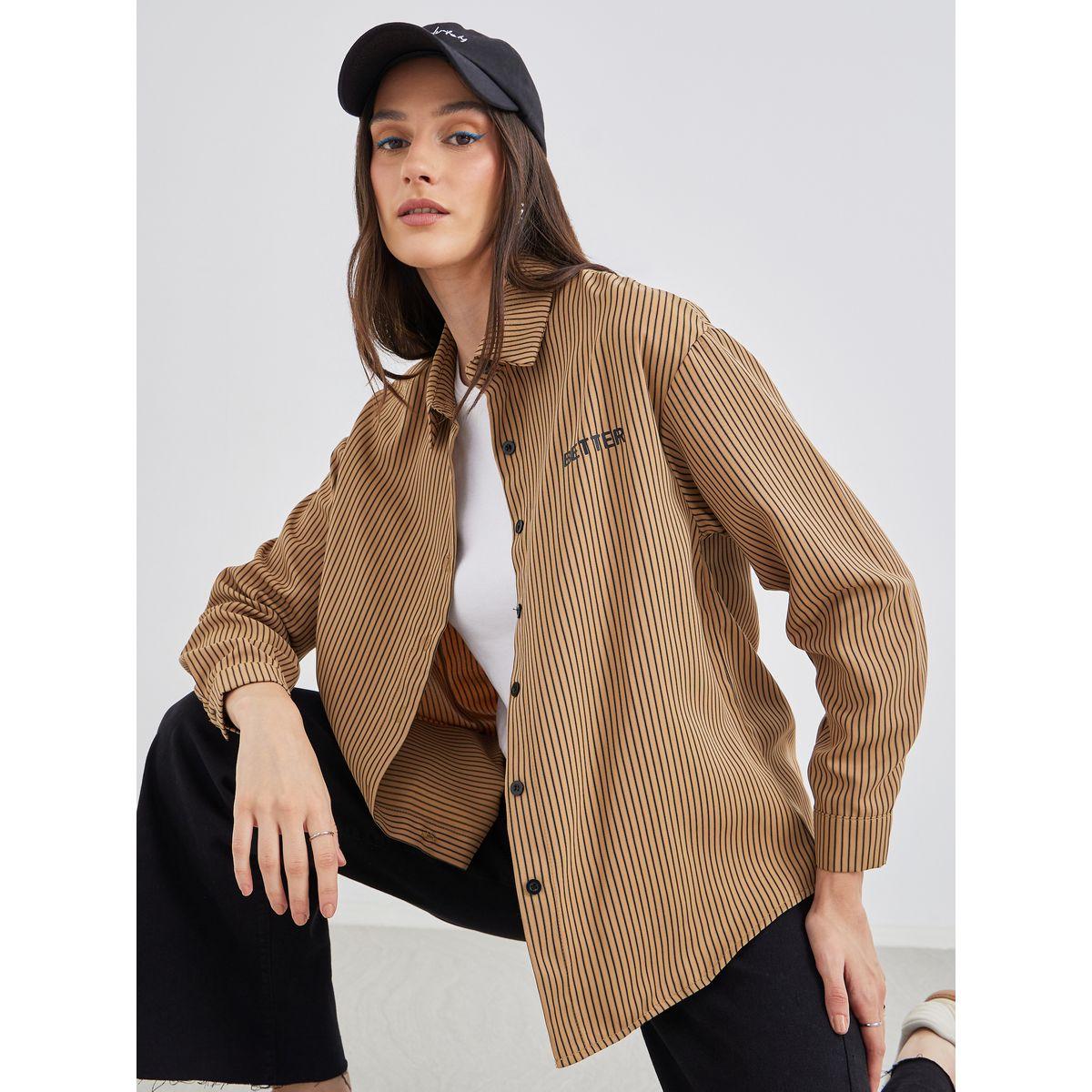 Styli Women Brown Contrast Button Striped Oversized Shirt-women-clothing-shirtsandblouses-shirts-image-1