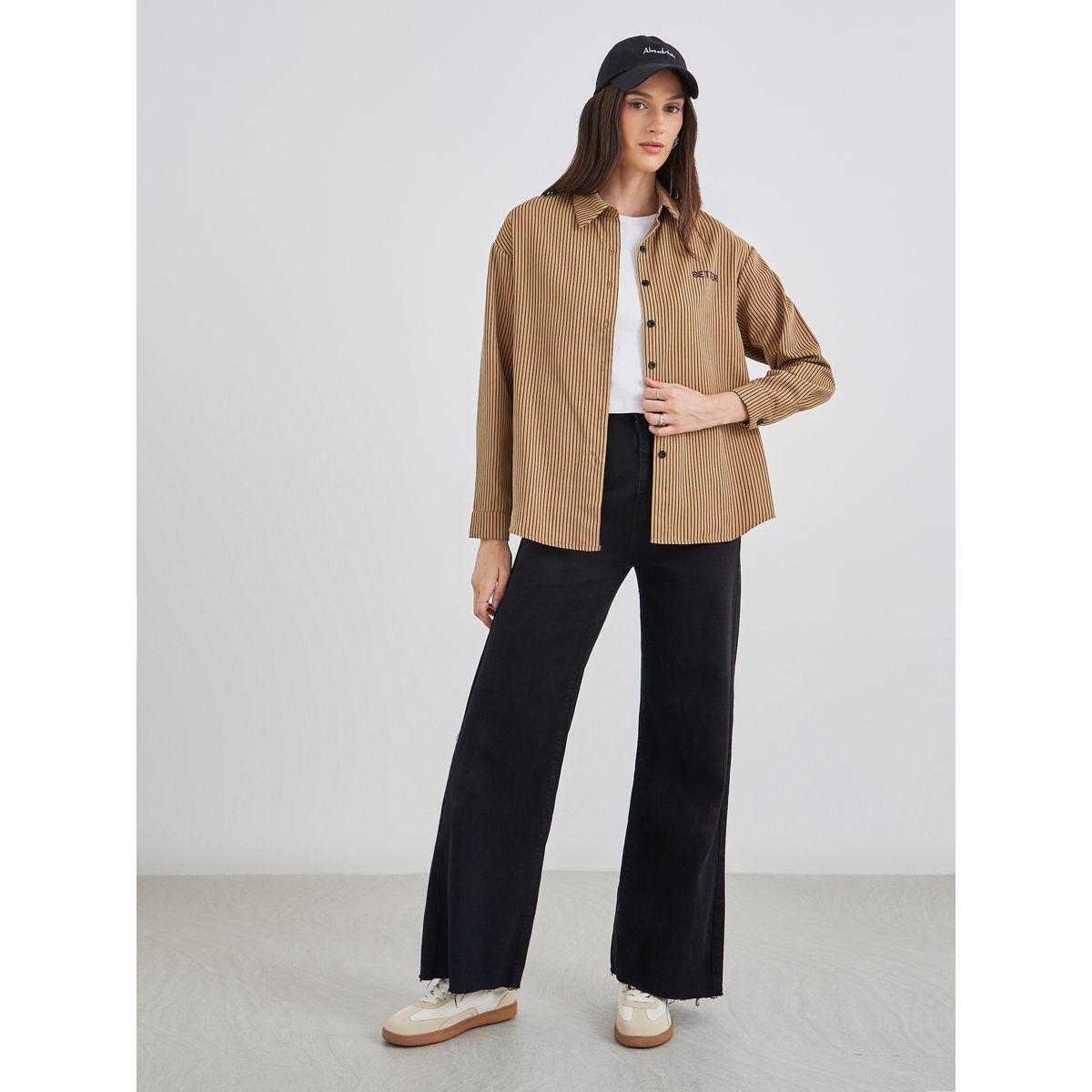 Styli Women Brown Contrast Button Striped Oversized Shirt-women-clothing-shirtsandblouses-shirts-image-2