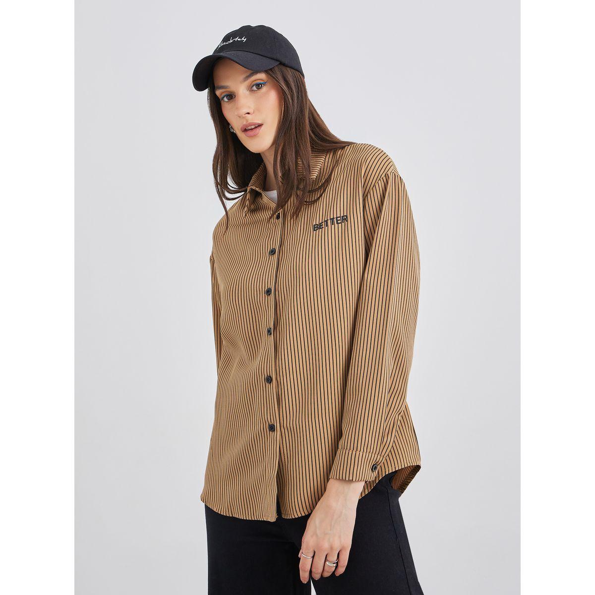Styli Women Brown Contrast Button Striped Oversized Shirt-women-clothing-shirtsandblouses-shirts-image-3