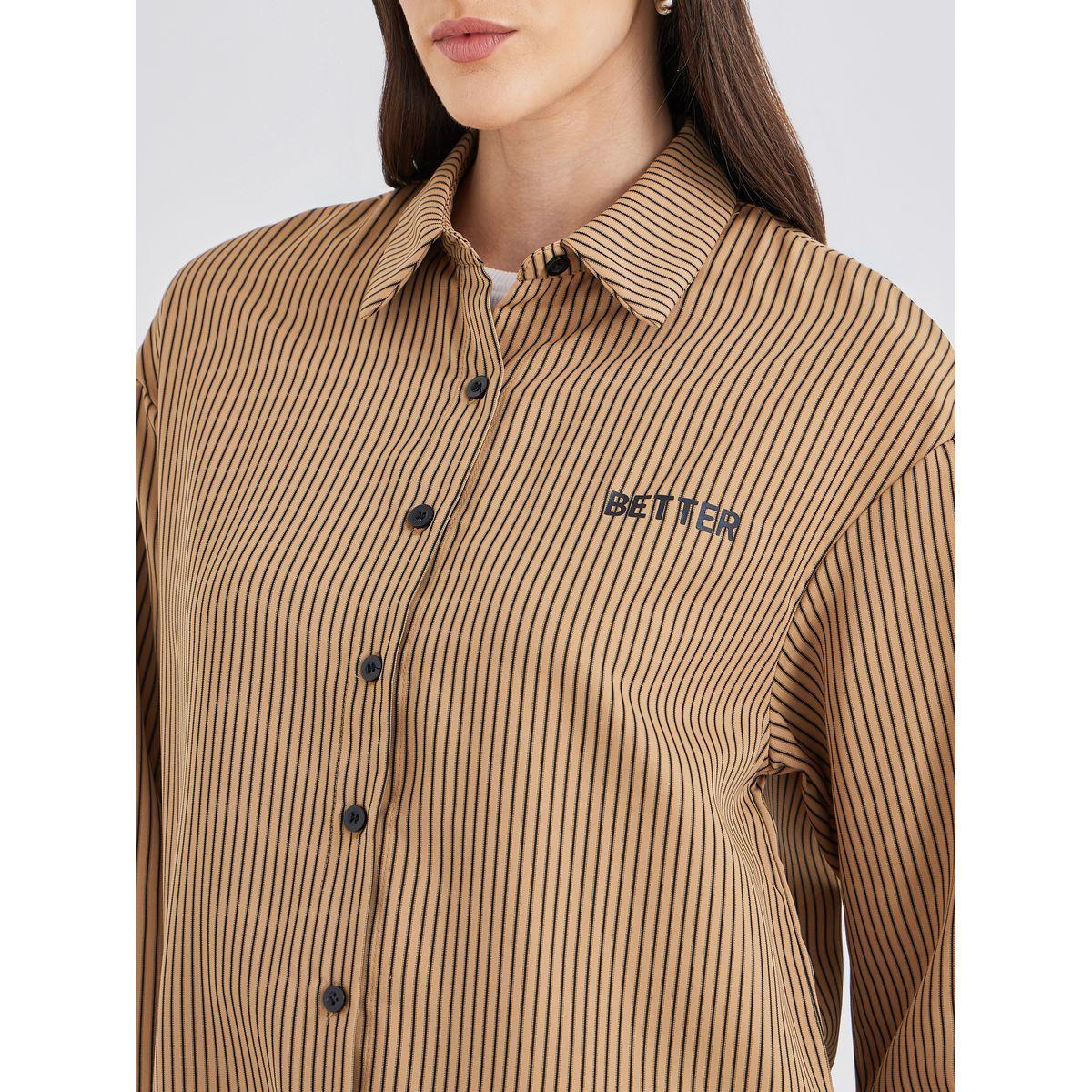 Styli Women Brown Contrast Button Striped Oversized Shirt-women-clothing-shirtsandblouses-shirts-image-4