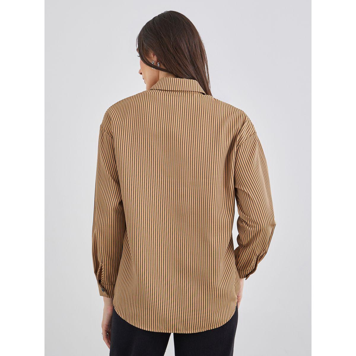 Styli Women Brown Contrast Button Striped Oversized Shirt-women-clothing-shirtsandblouses-shirts-image-5