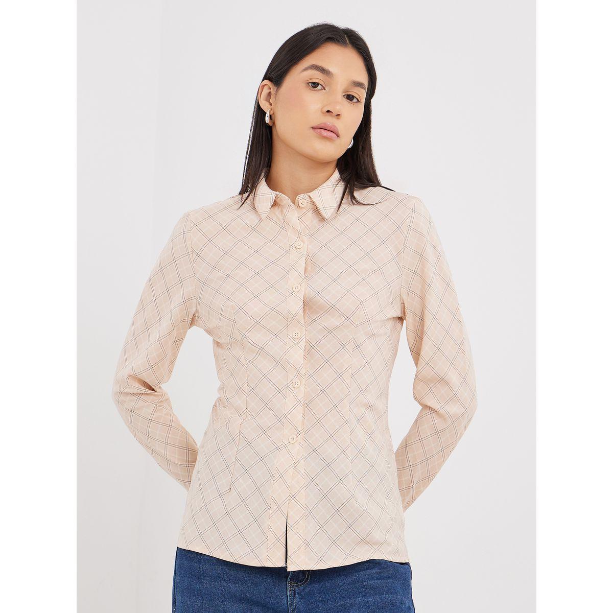 Styli Women Beige Plaid Fitted Shirt-women-clothing-shirtsandblouses-shirts-image-1
