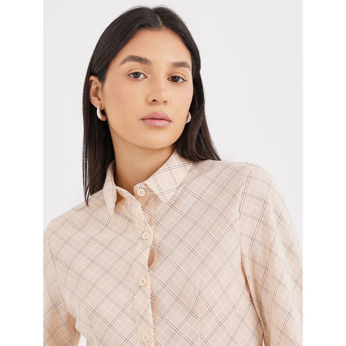 Styli Women Beige Plaid Fitted Shirt-women-clothing-shirtsandblouses-shirts-image-3