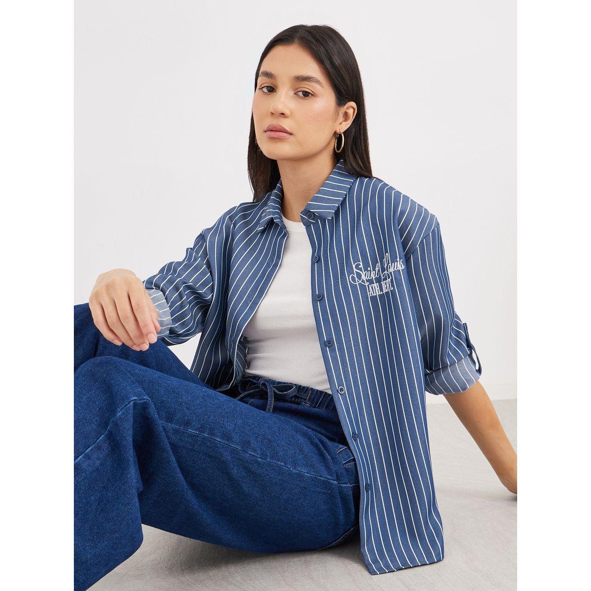 Styli Navy Blue Back Embroidered Striped Oversized Shirt-women-clothing-shirtsandblouses-shirts-image-1