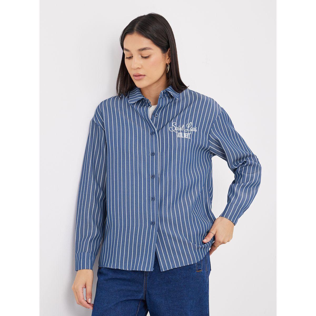 Styli Navy Blue Back Embroidered Striped Oversized Shirt-women-clothing-shirtsandblouses-shirts-image-2