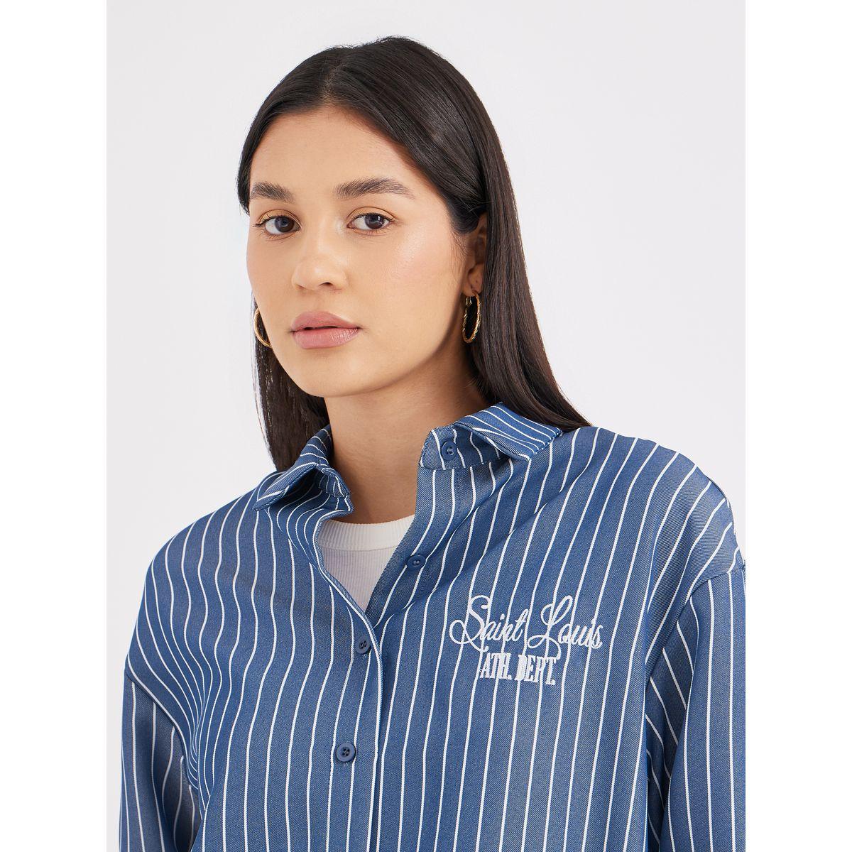 Styli Navy Blue Back Embroidered Striped Oversized Shirt-women-clothing-shirtsandblouses-shirts-image-4