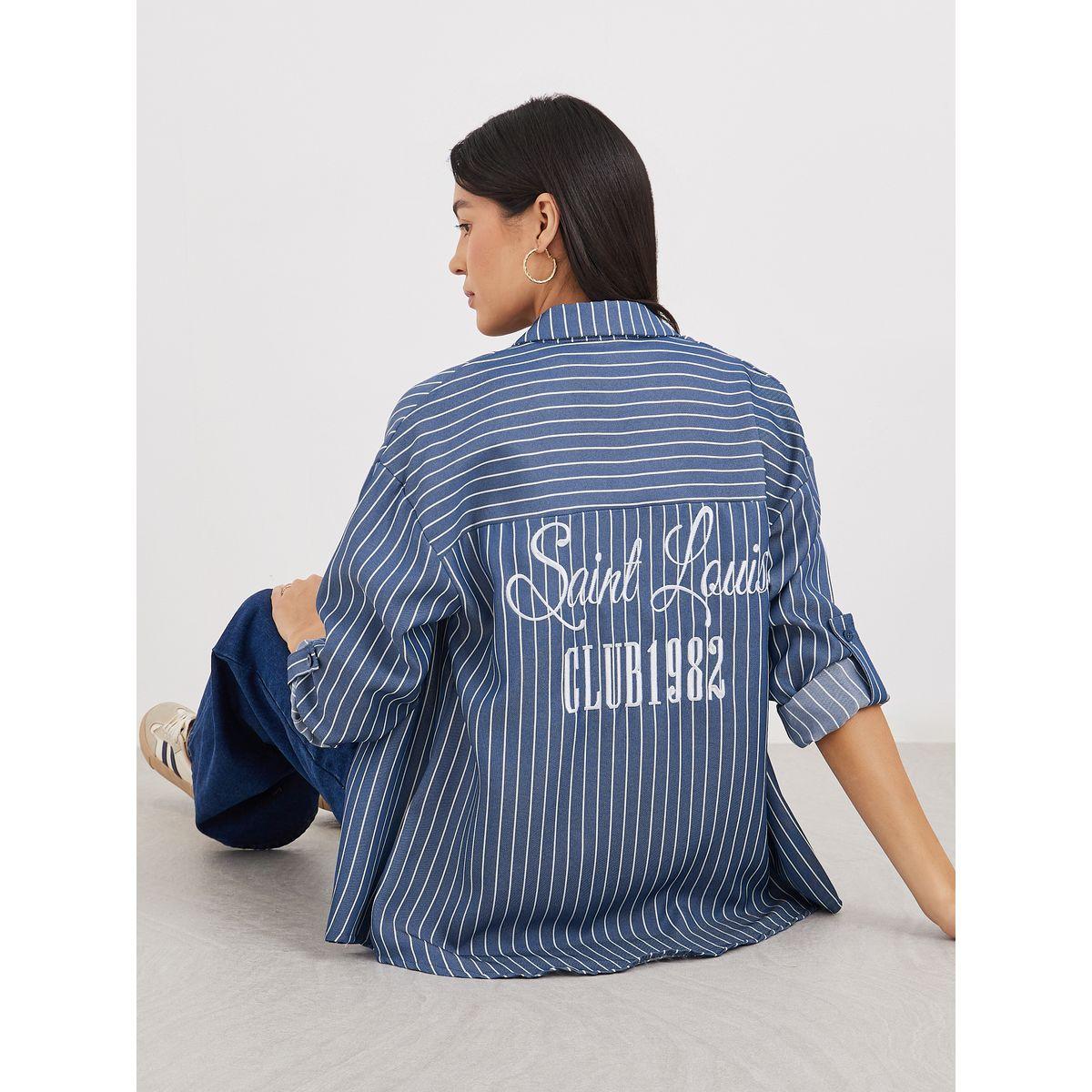 Styli Navy Blue Back Embroidered Striped Oversized Shirt-women-clothing-shirtsandblouses-shirts-image-5