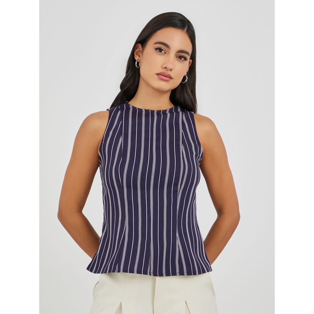 بلوزة بيبلوم مخططة بلا أكمام وياقة دائرية-women-clothing-shirtsandblouses-blouses-image-1