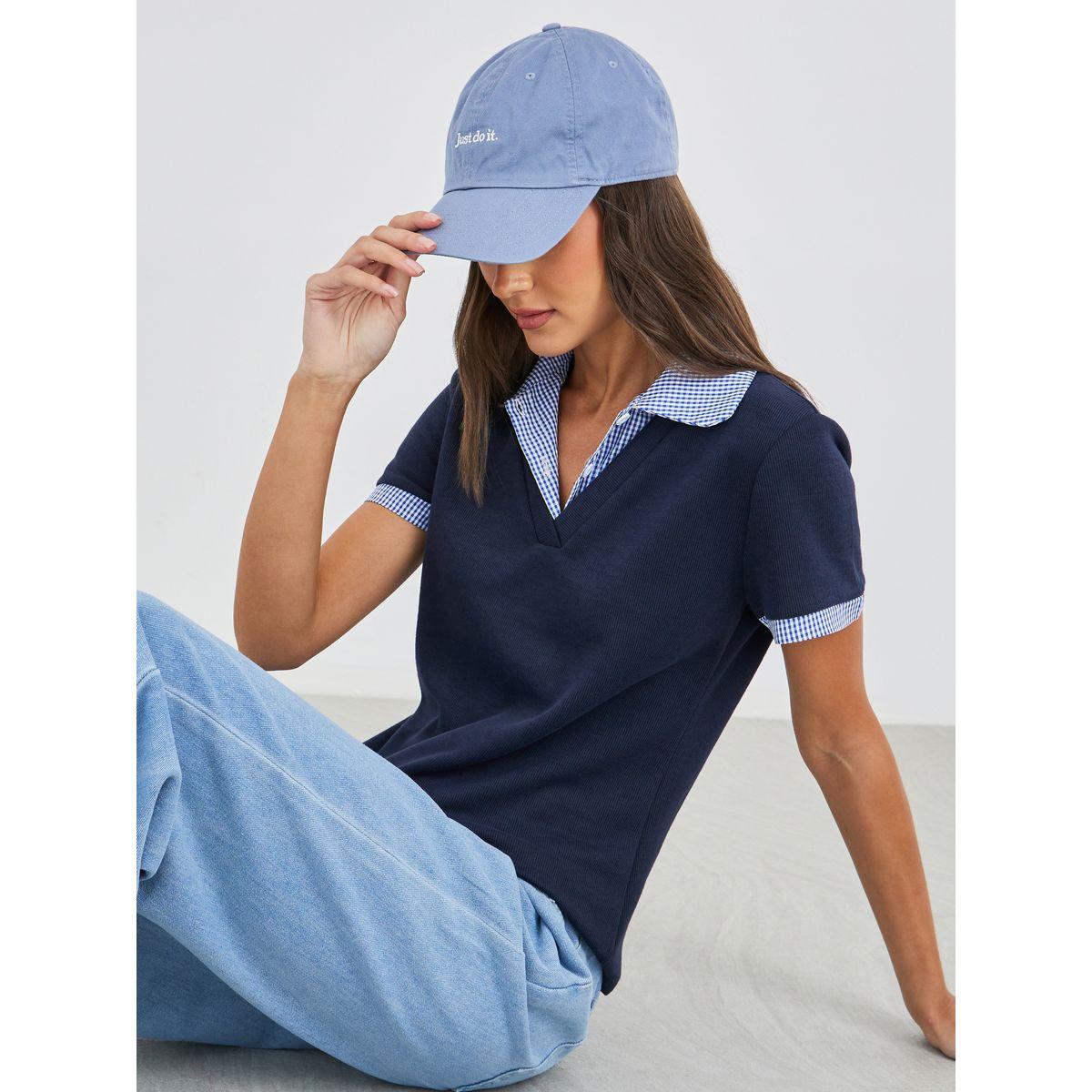 Styli Gingham Print Collar Knitted Short Sleeve Top-women-clothing-tshirts-image-1
