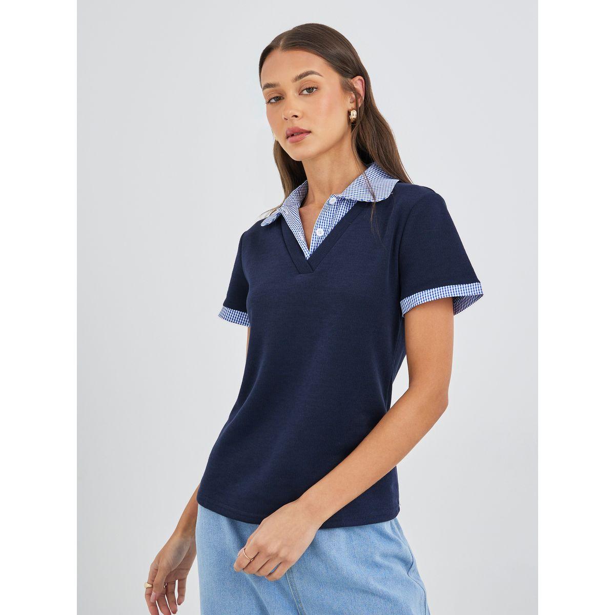 بلوزة بطبعة جينغام وأكمام قصيرة-women-clothing-tshirts-image-3