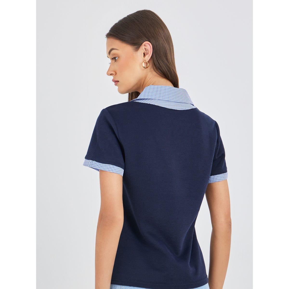 Styli Gingham Print Collar Knitted Short Sleeve Top-women-clothing-tshirts-image-5