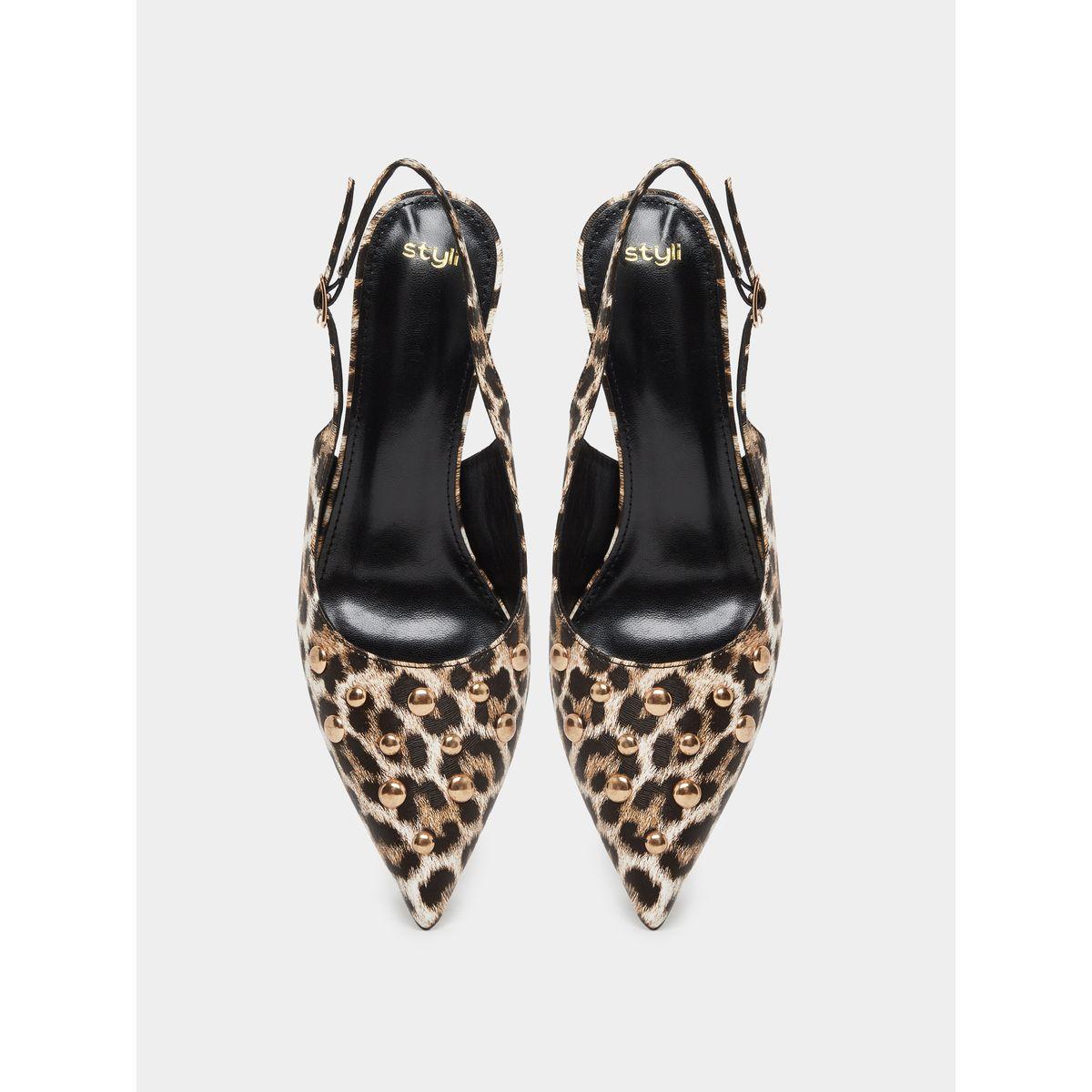 Styli Leopard Print Studded Kitten Heel Shoes-women-shoes-heels-image-5