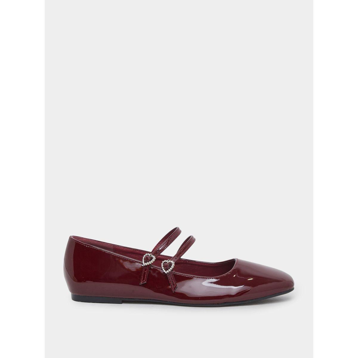 Styli Burgundy Patent Heart Strap Ballerina Shoes-women-shoes-loafersandmoccasins-image-1