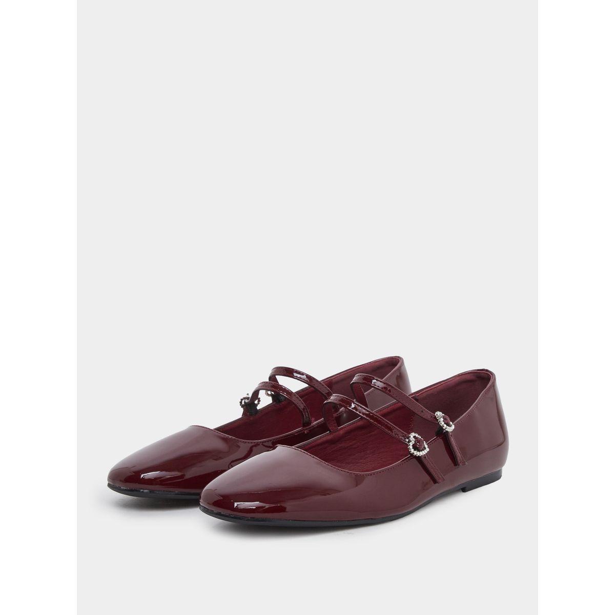 Styli Burgundy Patent Heart Strap Ballerina Shoes-women-shoes-loafersandmoccasins-image-2