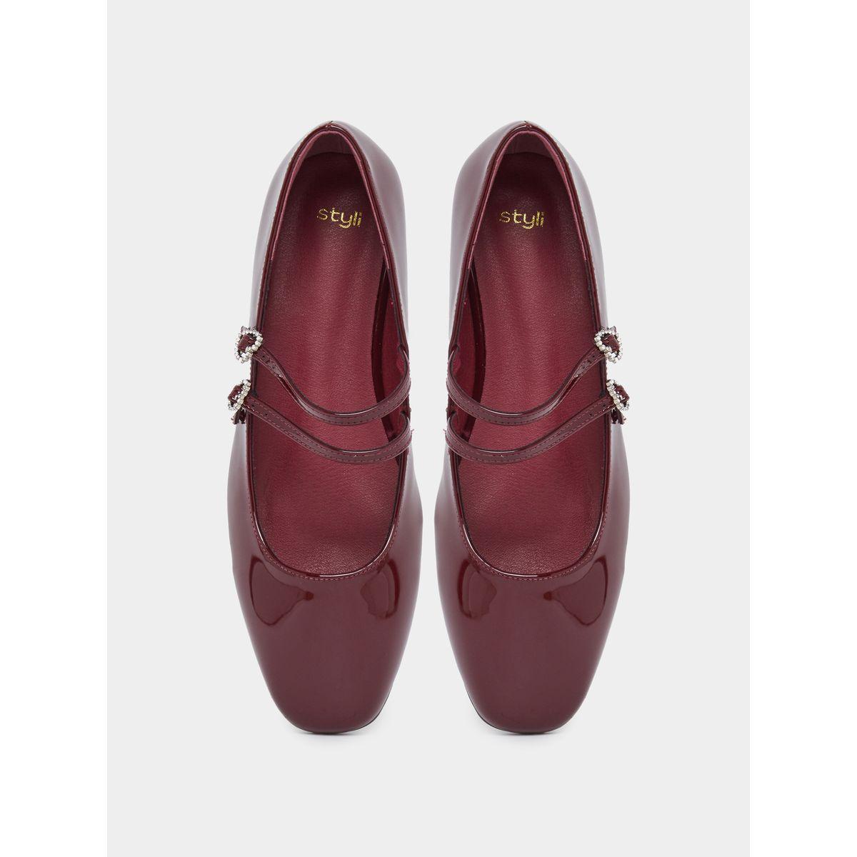 Styli Burgundy Patent Heart Strap Ballerina Shoes-women-shoes-loafersandmoccasins-image-5