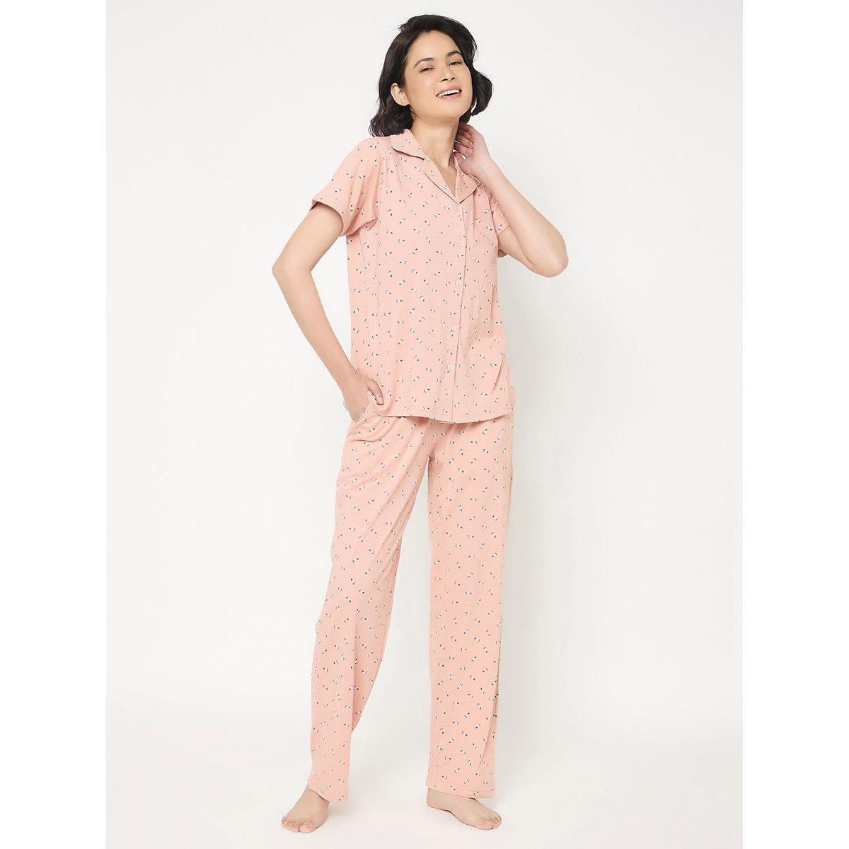 Clovia Floral Print Short Sleeve Shirt and Pyjama Set-women-clothing-nightwear-pyjamas-longsets-image-1