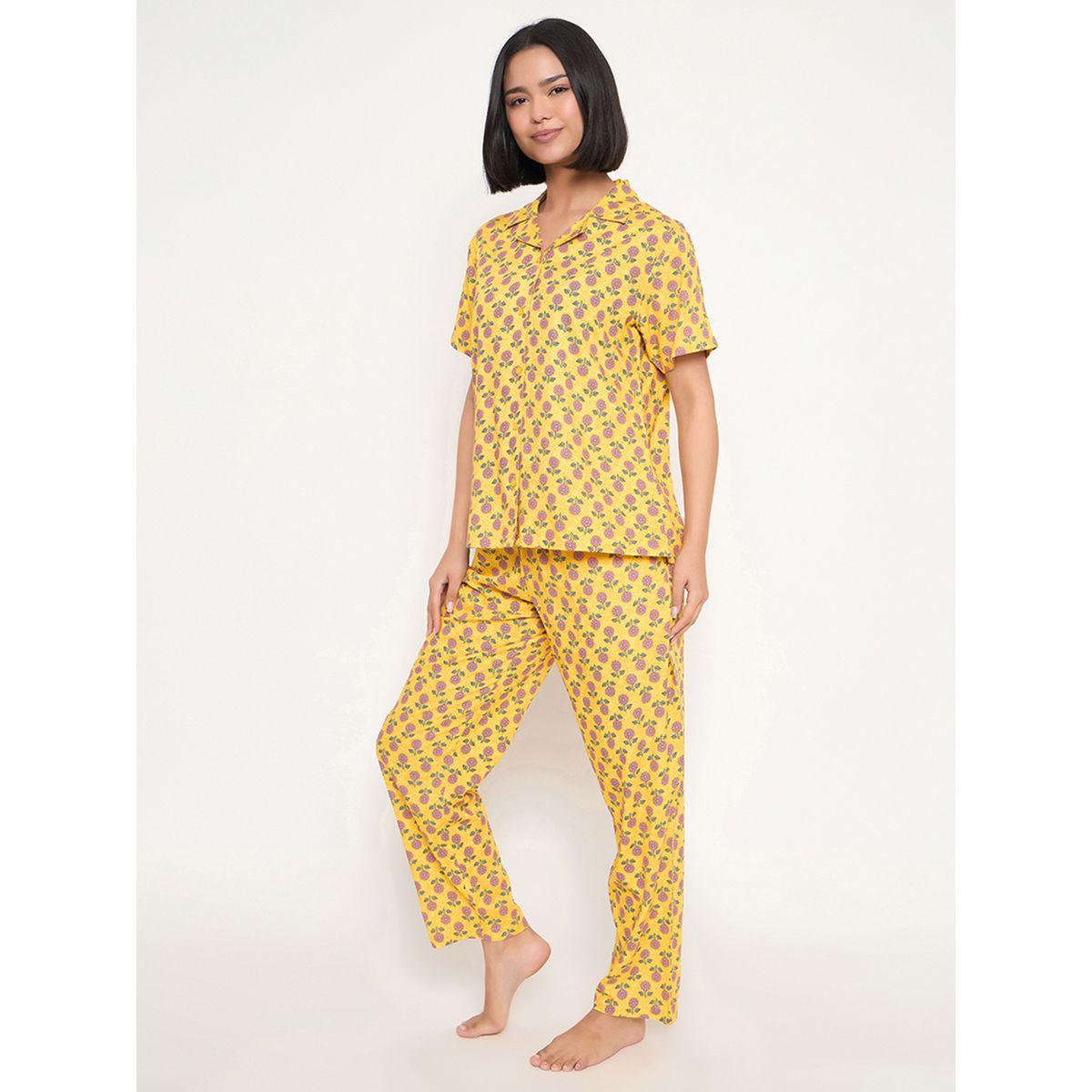 Clovia Sunflower Print Short Sleeve Shirt and Pyjama Set-women-clothing-nightwear-pyjamas-longsets-image-4