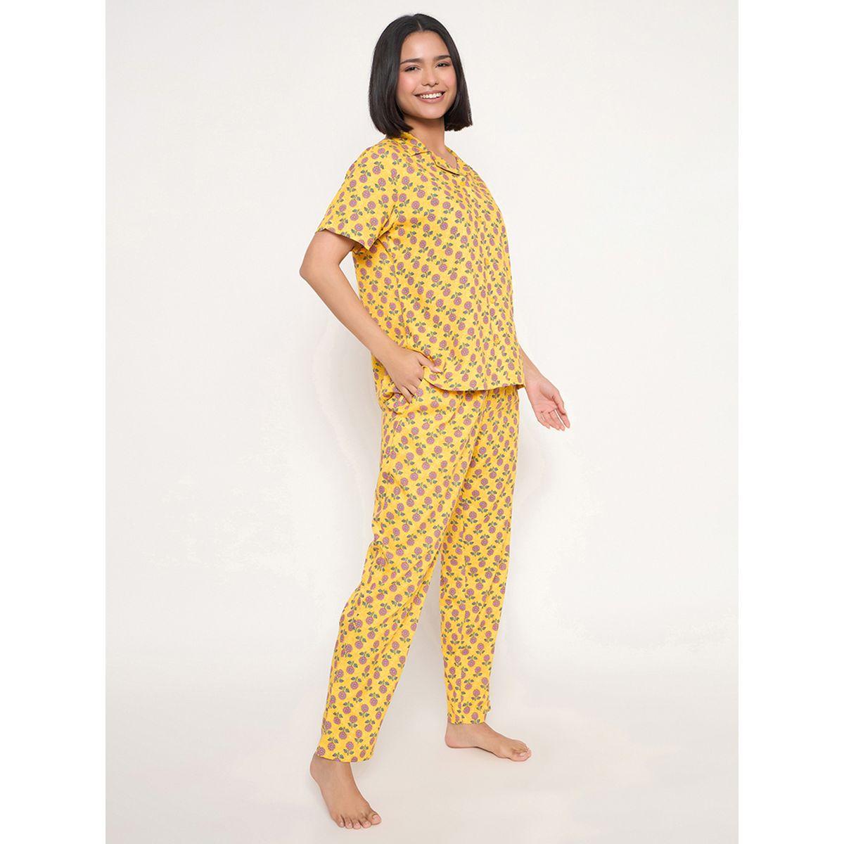 Clovia Sunflower Print Short Sleeve Shirt and Pyjama Set-women-clothing-nightwear-pyjamas-longsets-image-5