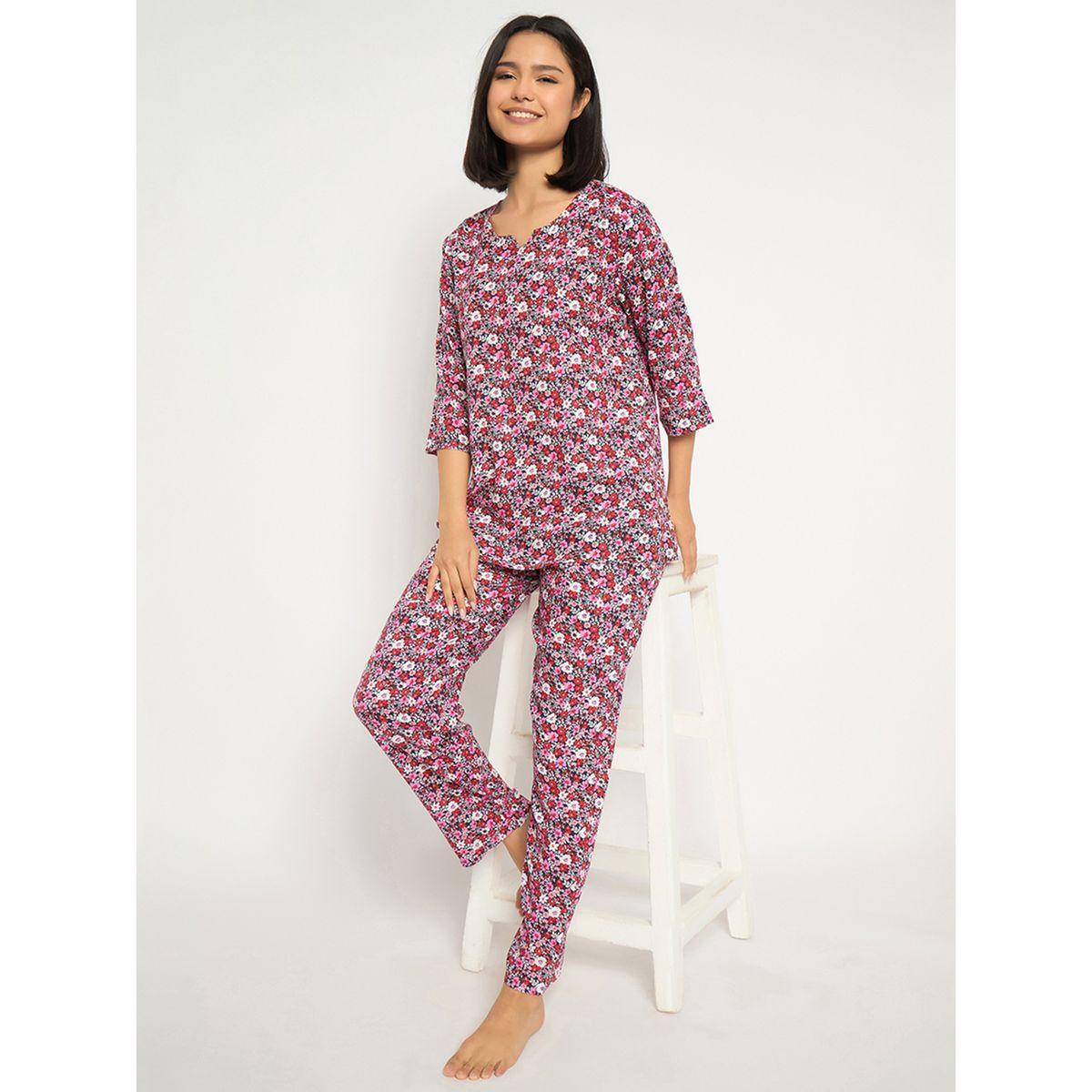 Clovia Floral Print Notch Neck Top and Pyjama Set-women-clothing-nightwear-pyjamas-longsets-image-1