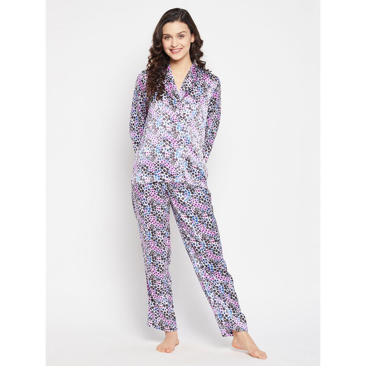 طقم بيجاما من بنطال وبلوزة بطبعة زهور وياقة شال-women-clothing-nightwear-pyjamas-longsets-image-1