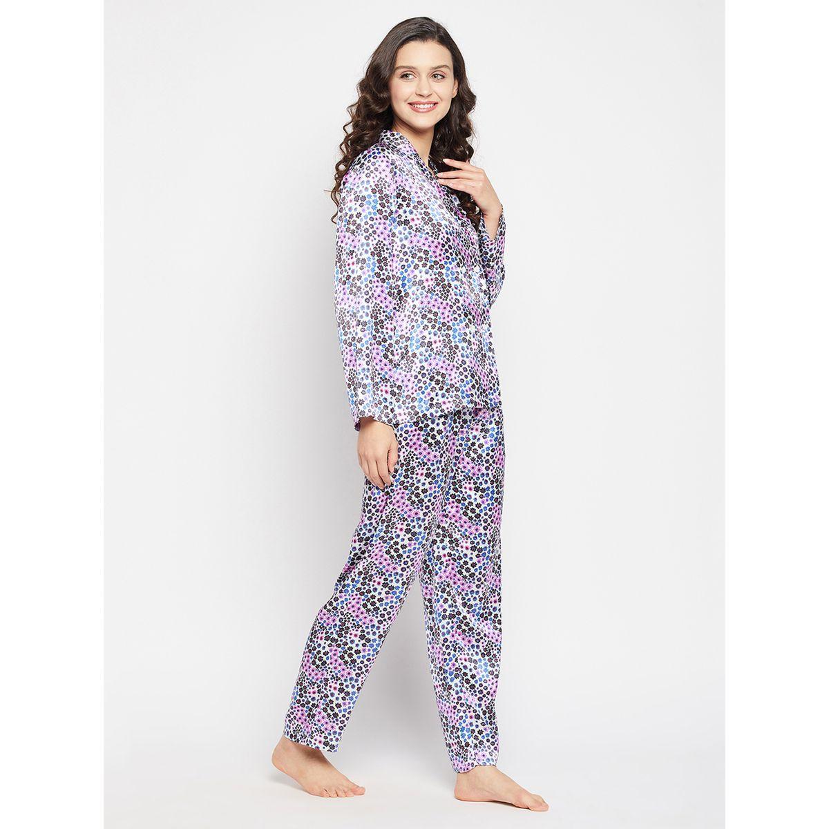 طقم بيجاما من بنطال وبلوزة بطبعة زهور وياقة شال-women-clothing-nightwear-pyjamas-longsets-image-4
