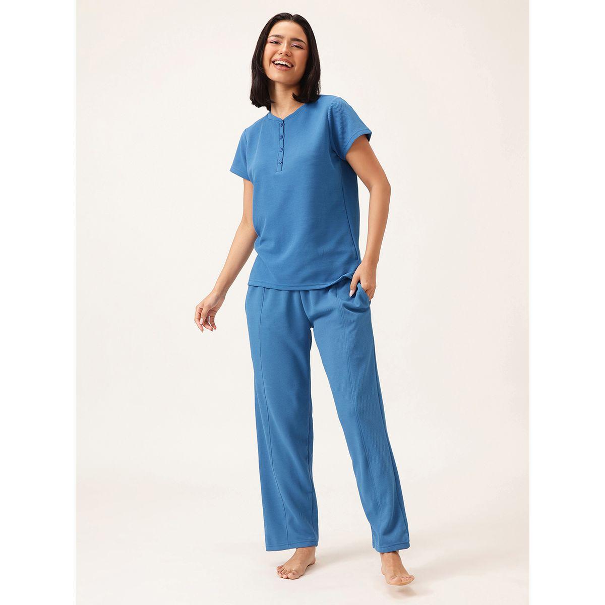 Clovia Waffle Textured Short Sleeve T-Shirt and Pyjama Set-women-clothing-nightwear-pyjamas-longsets-image-2
