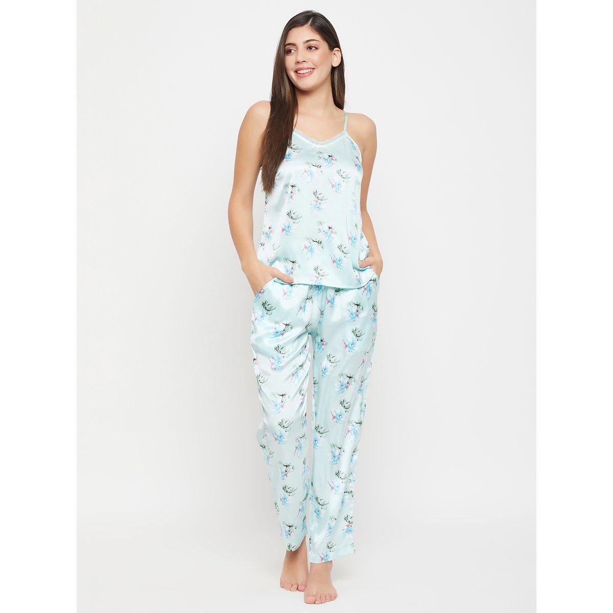 Clovia Floral Print Lace Trim Satin Cami Top and Pyjama Set-women-clothing-nightwear-pyjamas-longsets-image-1