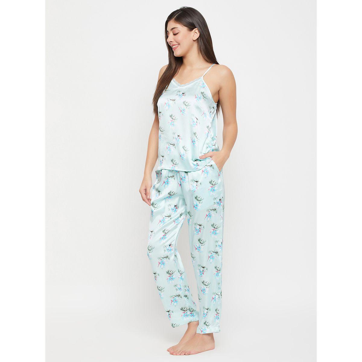 Clovia Floral Print Lace Trim Satin Cami Top and Pyjama Set-women-clothing-nightwear-pyjamas-longsets-image-2