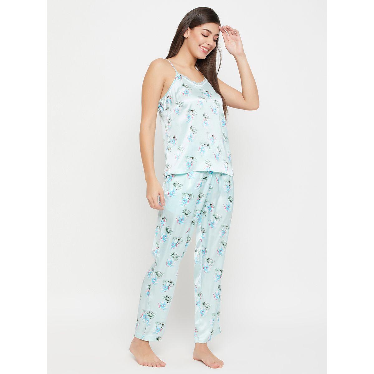 Clovia Floral Print Lace Trim Satin Cami Top and Pyjama Set-women-clothing-nightwear-pyjamas-longsets-image-3