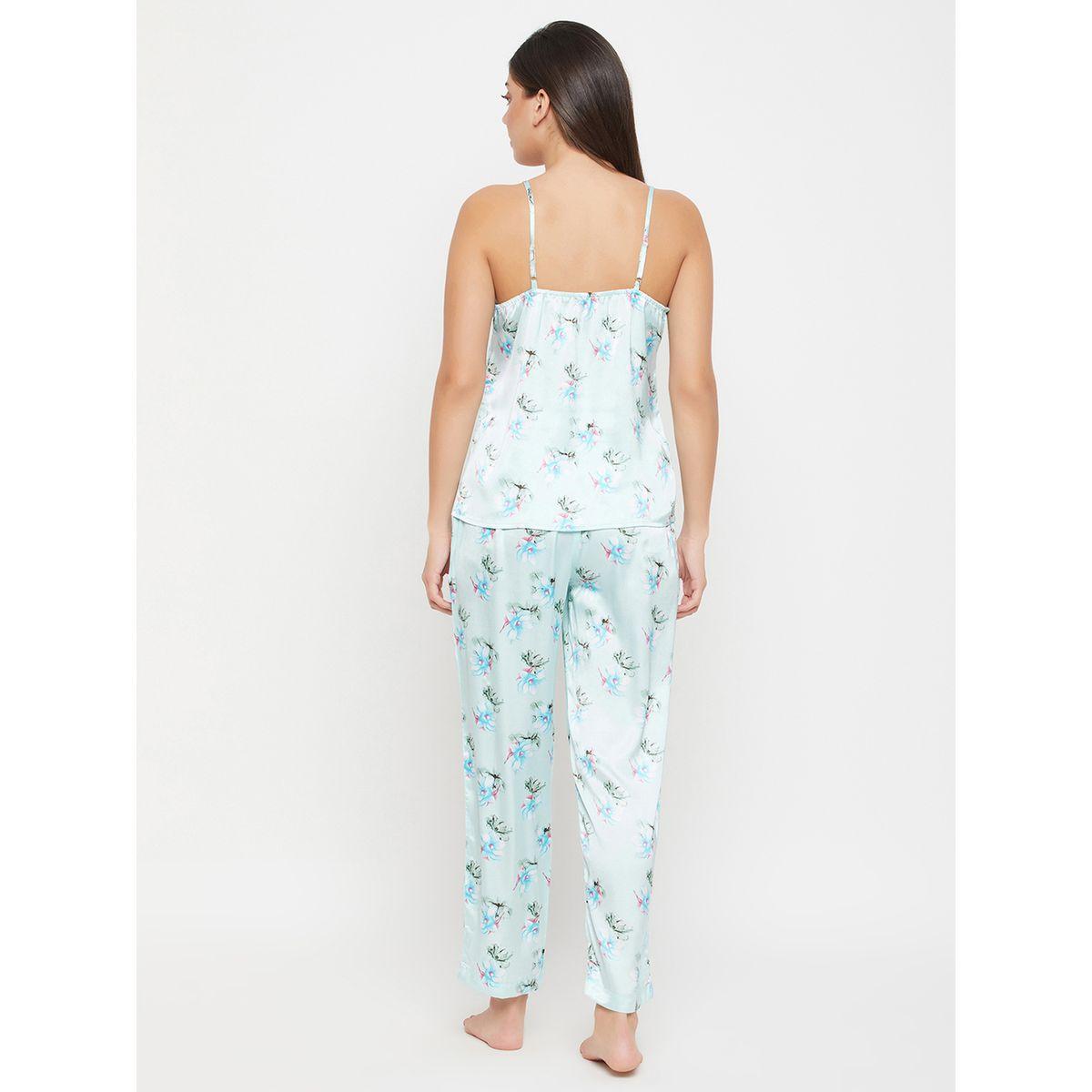 Clovia Floral Print Lace Trim Satin Cami Top and Pyjama Set-women-clothing-nightwear-pyjamas-longsets-image-4