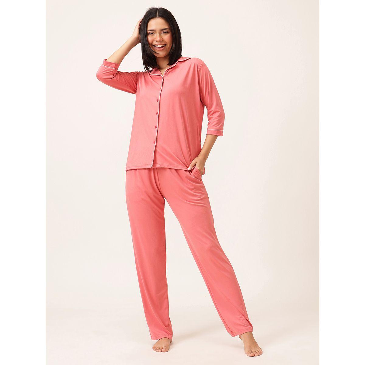 Clovia Solid 3/4 Sleeve Shirt and Pyjama Set-women-clothing-nightwear-pyjamas-longsets-image-1