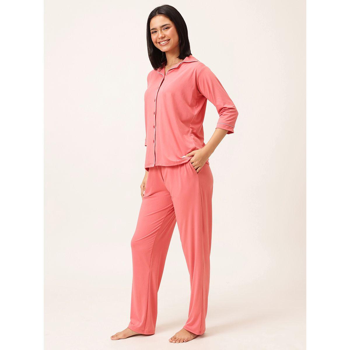 Clovia Solid 3/4 Sleeve Shirt and Pyjama Set-women-clothing-nightwear-pyjamas-longsets-image-2